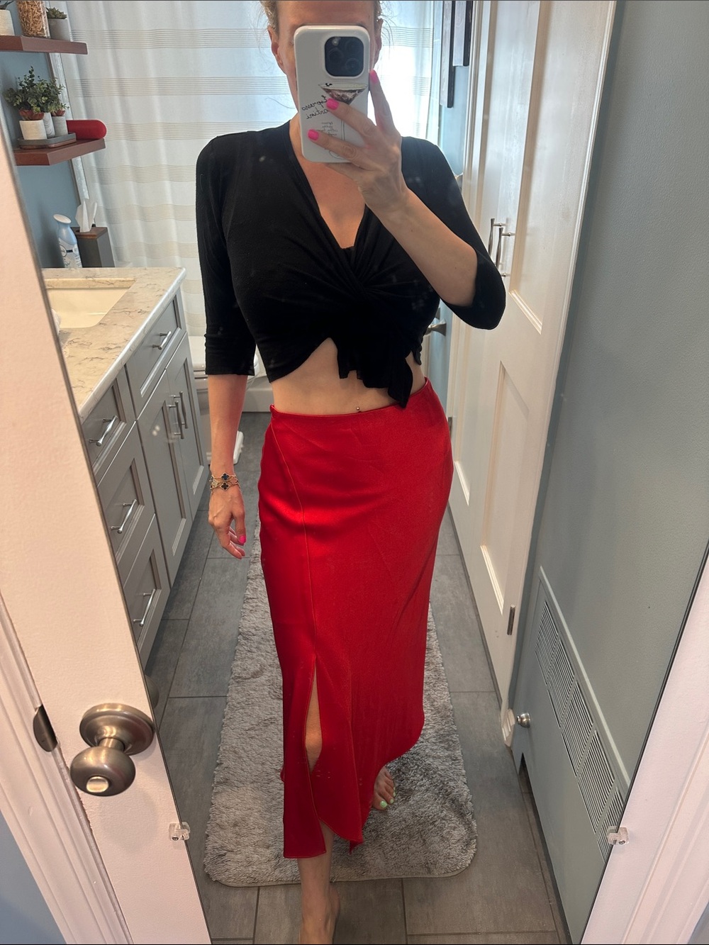 Alice and Olivia Red Satin Bias-Cut Maxi Skirt